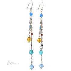 Blue and yellow multi-beaded dangle earrings Materials: .925 Sterling Silver, Multicolored Beads Dimensions: 93mm length Dangle Earrings And Multi Necklace, Multicolor Dangling Beads Sterling Silver Earrings, Multicolor Dangling Beads Earrings In Sterling Silver, Sterling Silver Earrings With Colorful Round Beads, Sterling Silver Colorful Beaded Drop Earrings, Sterling Silver Dangle Earrings With Faceted Beads, Beaded Dangle Earrings, Beaded Dangles, Dangle Earrings