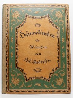 the front cover of an old book with ornate writing on green and yellow paper,