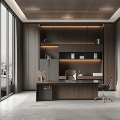 an office area with a desk, chair and bookcase in dark wood finish on the wall