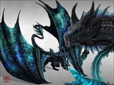 two blue and black dragon are facing each other