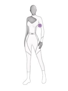 a drawing of a person wearing a white bodysuit and holding a purple object in his hand