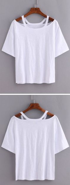 two pictures of the same white crop top with cutouts on one side and an open shoulder