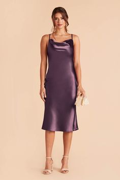 A fresh take on the 90's classic, our Lisa Satin Midi in Plum is spun from a shiny satin and features skinny adjustable straps with light cowling. A slinky midi-length bridesmaid dress with light cowl neckline and intense shine. | Plum Bridesmaid Dress Shiny Satin Size 1X | Birdy Grey Lisa Midi Plum Bridesmaid Dress, White Dresses For Sale, Plum Bridesmaid, Plum Bridesmaid Dresses, Midi Bridesmaid Dress, Tuxedo Women, Bridesmaid Inspiration, Birdy Grey, Boho Hat