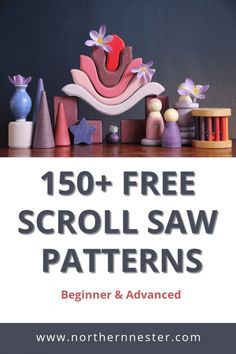 the text reads, 150 + free scroll saw patterns beginner and advanced with an image of