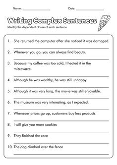 the worksheet for writing complex sentences is shown in black and white,