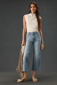 92% cotton, 6% elastomultiester, 2% elastane Five-pocket styling Zip front Machine wash USA | Malibu High-Rise Wide-Leg Crop Jeans by Fidelity Denim in Blue, Women's, Size: 32, Cotton/Elastane at Anthropologie Wide Leg Cropped Jeans Outfit, Cropped Jeans Outfit, Wide Leg Leggings, Blue Fits, New Today, Jeans Outfit, Crop Jeans, Japanese Fabric, Italian Fabric