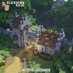 an image of a medieval castle in the middle of some trees and bushes with text overlay that reads blockdown build