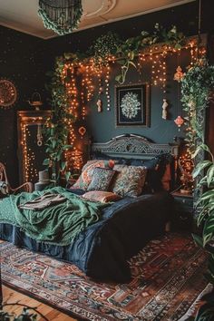 a bedroom decorated with plants and lights