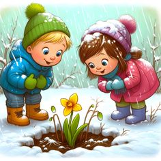 two children are playing in the snow