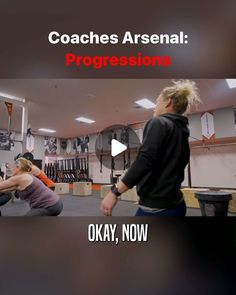 a group of people doing exercises in a room with the words coaches arsenal progression okay, now