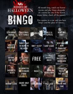 the poster for halloween movies with images of creepy people and text that reads, 8 days of halloween bingo