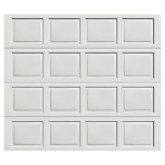 a white garage door with squares on the top and bottom panel, all in different sizes