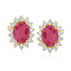 Ross-Simons - 2.00ct t.w. Ruby, .36ct t.w. Diamond Earrings in 14kt Yellow Gold. Perfect for red enthusiasts or the July-born, these 2.00 ct. t.w. oval ruby earrings are bursting with cherry-red goodness from a lively halo of .36 ct. t.w. round brilliant-cut diamonds. Set in polished 14kt yellow gold. Post/clutch, diamond and ruby earrings. Ruby birthstones are the perfect gift for July birthdays. Classic Red Diamond Earrings With Brilliant Cut, Classic Red Diamond Earrings With Accents, Classic Ruby Diamond Earrings With Accents, Classic Ruby Diamond Earrings With Diamond Accents, Red Oval Diamond Earrings For Anniversary, Oval Red Diamond Earrings For Anniversary, Classic Red Diamond Earrings, Yellow Gold Ruby Earrings With Brilliant Cut, Classic Red Halo Design Earrings