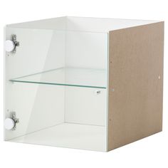 a white cabinet with two glass shelves on each side