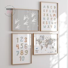 three framed pictures on the wall with numbers and letters in them, one is for children's room