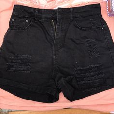 Never Worn, Black Waisted Jean Shorts Trendy Cotton Jean Shorts For Night Out, Black Cutoff Jean Shorts Casual, High Rise Black Stretch Jean Shorts, Black Stretch High Rise Jean Shorts, Black Cutoff Bottoms For Fall, Casual Black Cutoff Jean Shorts, Black Stretch High-rise Jean Shorts, Black Cutoff Shorts For Fall, Black Denim Jean Shorts For Spring