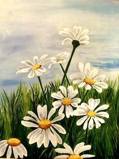 a painting of white daisies in the grass