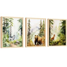 three paintings of bears and wolfs in the woods