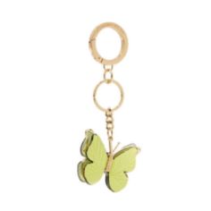 a key chain with a green butterfly hanging from it's center and two gold rings