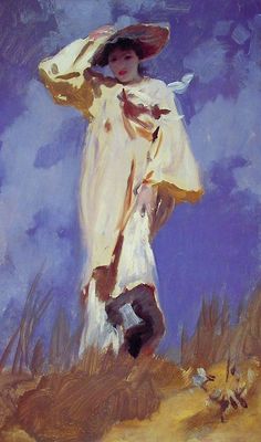 a painting of a woman in a white dress and hat walking through the sand with her hand on her head