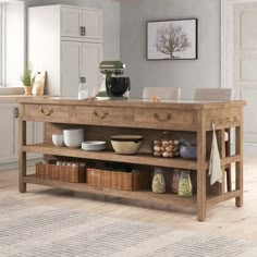 a kitchen island with baskets and bowls on it