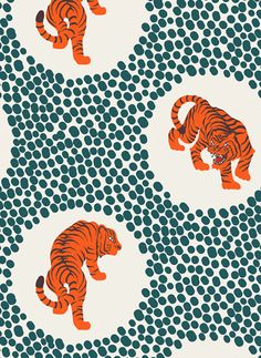 an orange tiger walking across a blue and white pattern with circles on it's sides