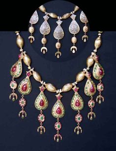 Morocco | "lebba" necklace; gold, enamel and precious stones.  The back of each of the pendants is decorated with enamel | Est. 80,000 to 90,000 Dh (Nov. '11) Moorish Jewelry, Moroccan Accessories, Grey Poupon, Moroccan Beauty, Moroccan Fashion, Romantic Jewellery