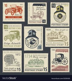 postage stamps with old cars and trucks on them stockvectors, epsp