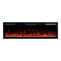 an electric fireplace with red flames on the side and black sides, in front of a white background