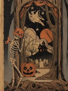 an old fashioned halloween card with a skeleton holding a jack - o - lantern