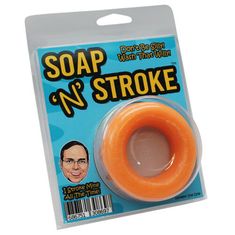 an orange soap in a package with a sticker on the front and back of it