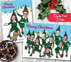 two christmas cards with the image of people in elf costumes and holly wreaths on them