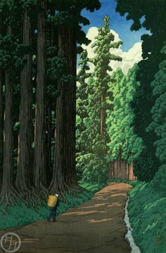 a painting of a person walking down a dirt road in the middle of a forest