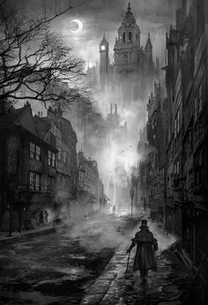 a man walking down a street in the middle of a foggy city at night