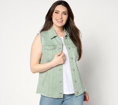 Make like your own personal stylist and demonstrate how this denim vest ups the cool quotient of your existing tanks, sleeved tees, and dresses. Or, try it our favorite way -- buttoned up (a little or a lot) as a standalone top. From LOGO by Lori Goldstein®. Trendy Cotton Vest With Snap Buttons, Trendy Cotton Denim Vest With Snap Buttons, Trendy Relaxed Fit Cotton Denim Vest, Trendy Relaxed Cotton Denim Vest, Trendy Button-up Cotton Vest, Medium Wash Button-up Vest For Spring, Button-up Medium Wash Vest For Spring, Cotton Button-up Vest, Casual Medium Wash Button-up Vest