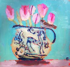 a painting of pink tulips in a blue vase with a bird on it