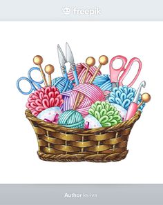 a basket filled with yarn, scissors and crochet hooks on top of a white background