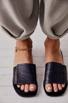 Verona Slide Sandals | Free People Black Slides Outfit, Slide Sandals Outfit, Slides Outfit, Boho Shoes, Black Slides, Leather Slide Sandals, Dinner Outfits, Leather Sandals Women, Leather Slides