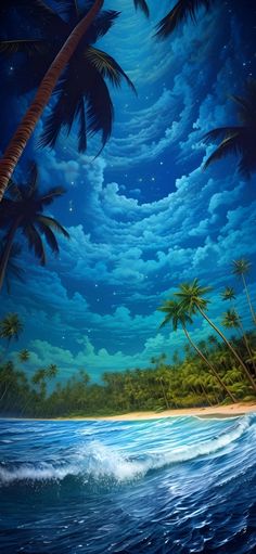 an oil painting of palm trees and the ocean at night with stars in the sky