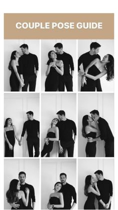 a couple kissing each other with the words couples pose guide on it's side