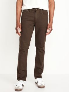 button front belt loops zip fly front scoop pockets and coin pocket back patch pockets sits at waist slim thigh and leg model is approx.  6'1" and wears size 32w x 32lmachine wash according to the care instruction label Brown Pants Groomsmen, Mens Brown Jeans, Brown Straight Bottoms With Five Pockets, Brown Straight Pants With Five Pockets, Casual Jeans With 5-inch Inseam And Pockets, Casual Jeans With 5-inch Inseam, Brown Tapered Leg Jeans With Welt Pockets, Brown Straight Bottoms With Pockets, Classic Jeans With 5-inch Inseam