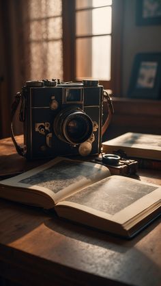 A nostalgic camera beside an open photo fantasy book in a warmly lit room, perfect for capturing creative storytelling moments. Old Technology, How To Craft, Cozy Reading, Fashion Toys, Home Room Design