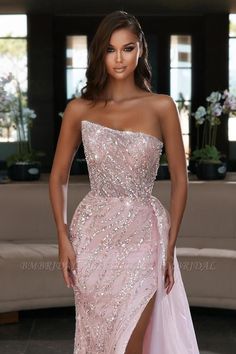 Bmbridal Strapless Pink Mermaid Evening Dress With Beadings Split | BmBridal Evening Style, Prom Dresses Long Mermaid, Pink Evening Dress, Sequin Prom Dress, Evening Dress Fashion, Mermaid Evening Dresses, Mermaid Fashion, Party Gowns, Mermaid Prom Dresses