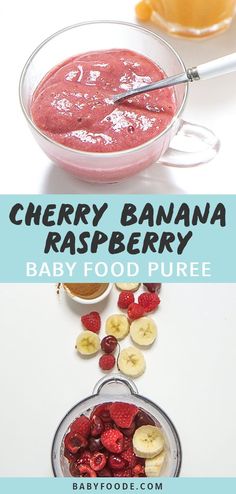 a bowl of raspberry baby food with bananas and strawberries