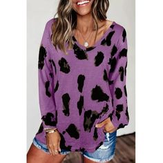 This long sleeve printed tee draws inspiration from the hottest animal print this season, leopard. The v-neck neckline as well as the longer length are extremely flattering. The fabric is soft to the touch as well. This casual top pairs great with your favorite jeans or even leggings. Size: XXL.  Color: Purple.  Gender: female.  Age Group: adult. Leopard Necklace, Blue Leopard, Loose Pullover, Oversized Blouse, Leopard Print Top, Loose Outfit, Purple Top, Spring Shirts, Print Models