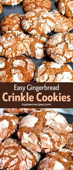 easy gingerbread crinkle cookies with white powdered sugar on top and bottom