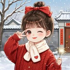 a girl with a red bow holding a sparkler in front of snow covered buildings