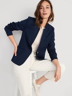 Notched-Collar Pixie Blazer for Women | Old Navy Navy Blazer Outfit Women, Blue Blazer Outfits For Women, Navy Blue Blazer Women, Navy Blue Blazer Outfit, Navy Blazer Women, Navy Blazer Outfits, Classic Blue Suit, Law Firm Branding