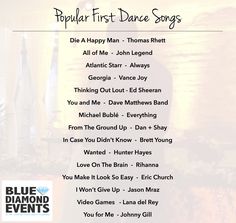 Popular First Dance Songs | Blue Diamond Events | (573)567-0016 | Servicing Mid-MO & Beyond | Se habla Español Popular Wedding Songs Playlists, Wedding Ceremony Music Playlist, Wedding Reception Music Playlist, Christian Wedding Songs, Fun First Dance Songs Wedding, Popular Music Artists, Upbeat First Dance Wedding Songs