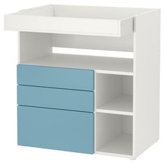 a white and blue dresser with drawers on it's front shelf, against a white background